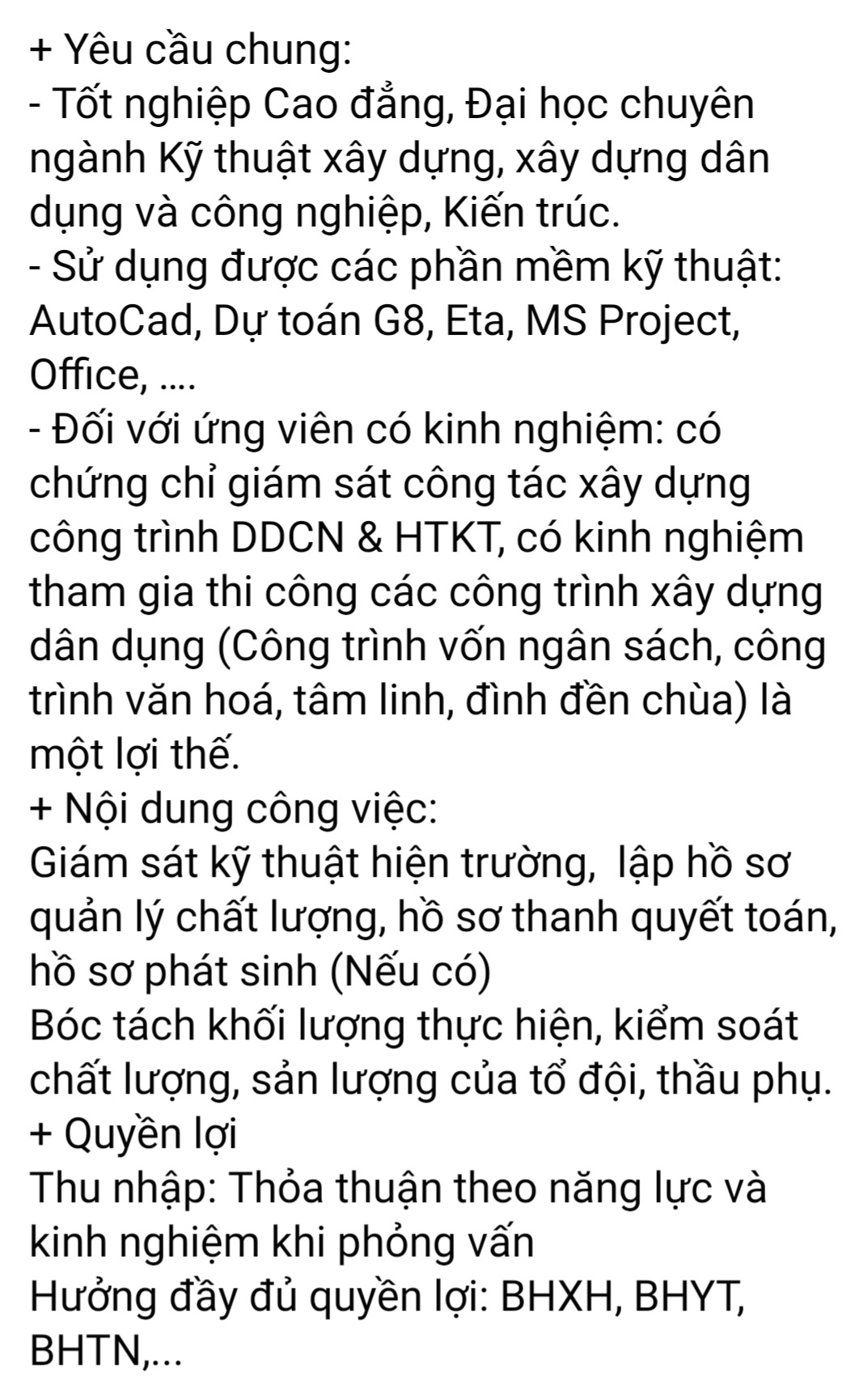 Tuyển dụng kỹ sư xây dựng không yêu cầu kinh nghiệm