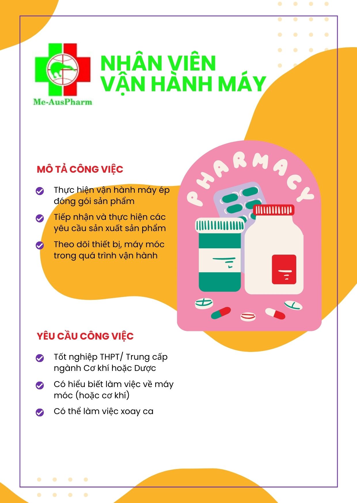 Nhân viên Vận hành máy (Sản xuất Dược phẩm)